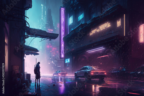Cyberpunk futuristic cityscape with a neon skyline digital conceptual illustration night city street scene, steampunk, sci-fi, fantasy, illustration
