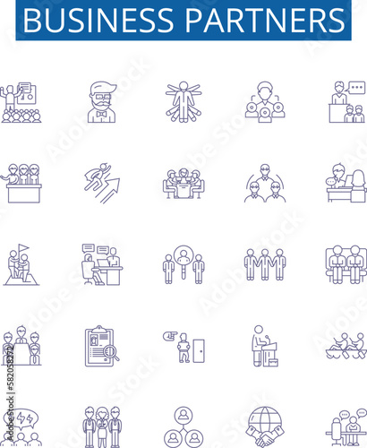 Business partners line icons signs set. Design collection of Partners, Business, Collaborators, Associates, Investment, Shareholders, Stakeholders, Investors outline concept vector illustrations