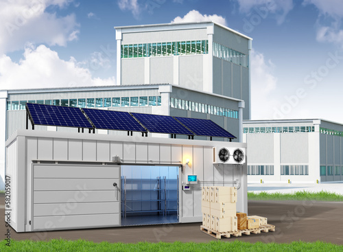 Cooling chamber for factory. Industrial zone in sunny weather. Cooling chamber near boxes. Open freezer container. Cooling chamber with solar panels on roof. Industrial equipment. 3d image