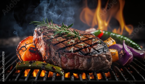 close-up of juicy steak on grill, ai generated photo