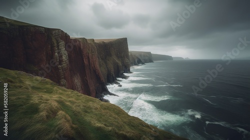 Raue Steilküste in Schottland, stürmischer Tag, hohe Wellen, generative Ai