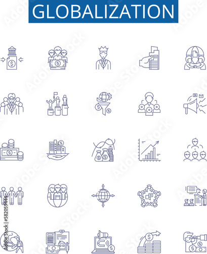 Globalization line icons signs set. Design collection of Internationalization, Integration, Liberalization, Convergence, Multinationals, Free Trade, Interdependence, Mobility outline concept vector