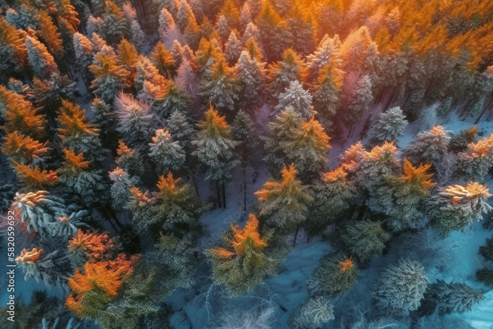 the winter pine forest , view from the tops of the trees. sunset. generative ai the winter pine forest , view from the tops of the trees. sunset. generative ai