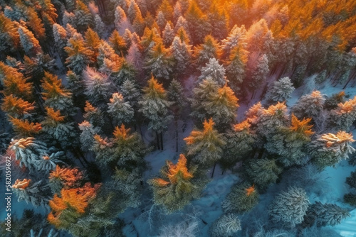 the winter pine forest , view from the tops of the trees. sunset. generative ai 