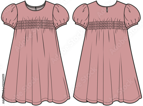 girls puff sleeve smocked dress flat sketch vector illustration short sleeve empire babydoll dress front and back view technical cad drawing template