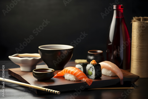 Exotic sushi rolls and nigiri. In the background bottle of sake with cup photo