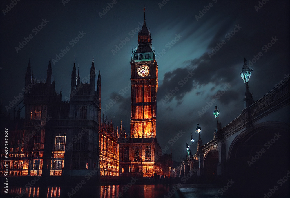 Big Ben and the Houses of Parliament at night in London, UK. Created with Generative AI technology Big Ben and the Houses of Parliament at night in London, UK. Created with Generative AI technology
