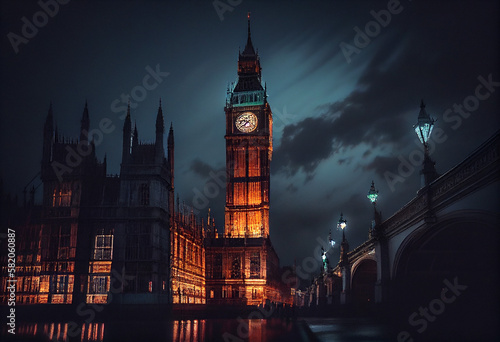 Big Ben and the Houses of Parliament at night in London, UK. Created with Generative AI technology