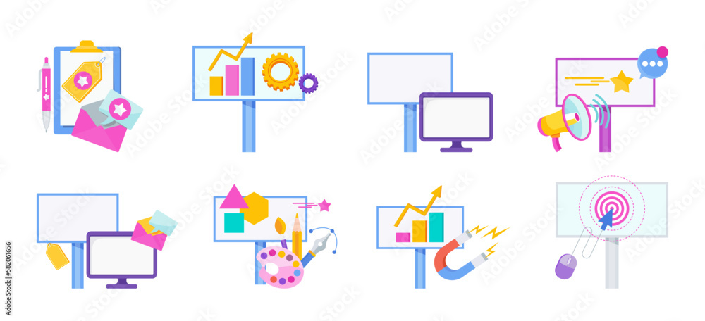 Advertising and promotion icons set. Promotion strategy. Digital Marketing.
