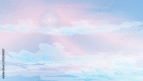 Cartoon sky, pink and blue cloudscape. Dreamy vector background. 