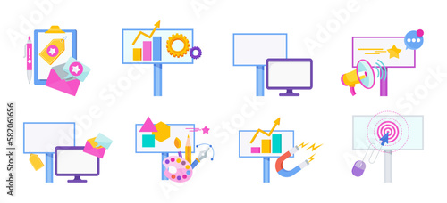 Advertising and promotion icons set. Promotion strategy. Digital Marketing.