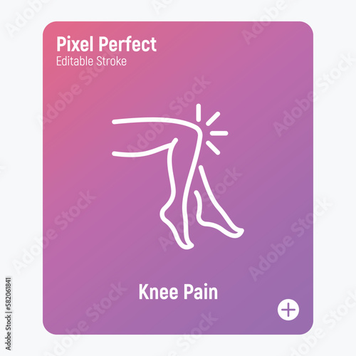 Knee pain, arthritis symptom thin line icon. Joint inflammation. Pixel perfect, editable stroke. Vector illustration.