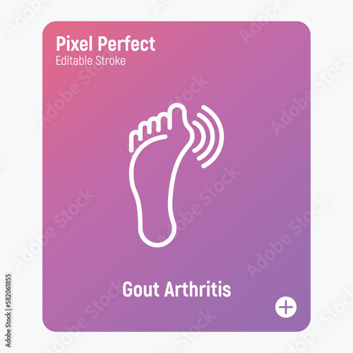 Gout arthritis on foot, joint inflammation thin line icon. Osteoarthritis. Pixel perfect, editable stroke. Vector illustration.