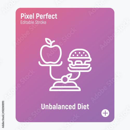 Unbalanced diet: scales with hamburger and apple. Unhealthy food. Pixel perfect, editable stroke. Vector illustration.