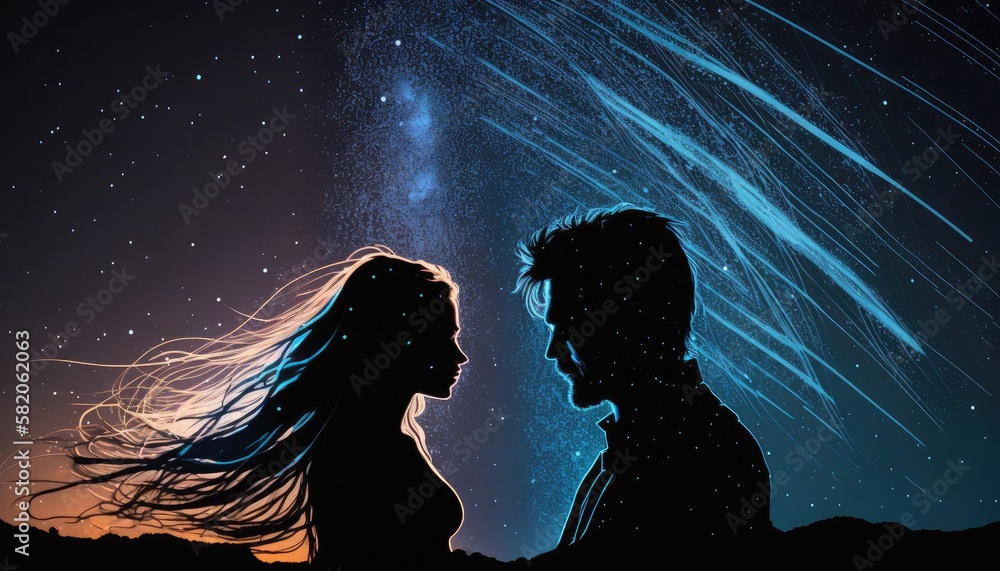 Love couple heads silhouettes in night sky with beautiful galaxy star trails, sincere true love of two persons souls, starry sky background with lovers faces, love of man and woman, generative AI - obrazy, fototapety, plakaty 