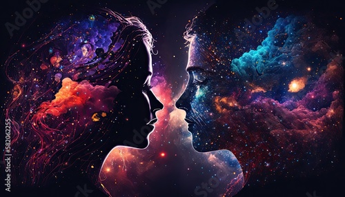 Love couple heads colorful silhouettes in night sky with beautiful galaxy stars sincere true love of two persons souls multicolored nebula in shape of lovers faces, love of man and woman generative AI photo