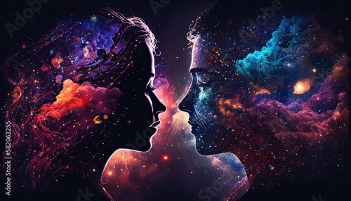Fotografie Love couple heads colorful silhouettes in night sky with beautiful galaxy stars
