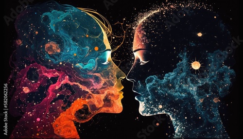 Love couple heads colorful silhouettes in night sky with beautiful galaxy stars sincere true love of two persons souls multicolored nebula in shape of lovers faces, love of man and woman generative AI photo