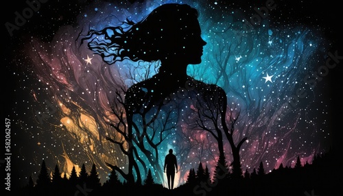 Fotografia In love male silhouette dreaming about image of woman silhouette in night sky wi