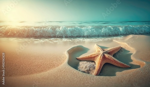 Tropical beach with sea star on sand. Generative AI