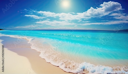 Beautiful beach blue sea water. Generative AI