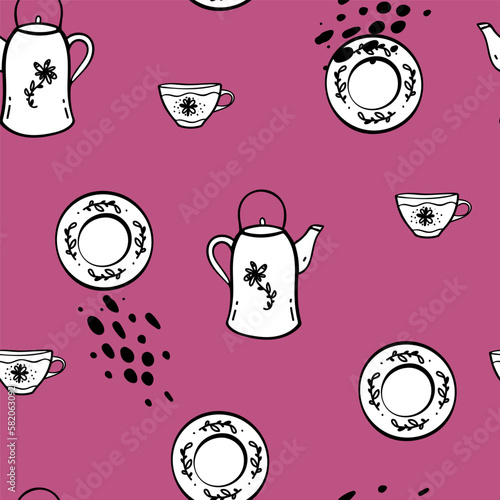 Seamless repeating pattern of plates and cutlery. Crockery knives and forks spoons. Hand drawn contour sketch.