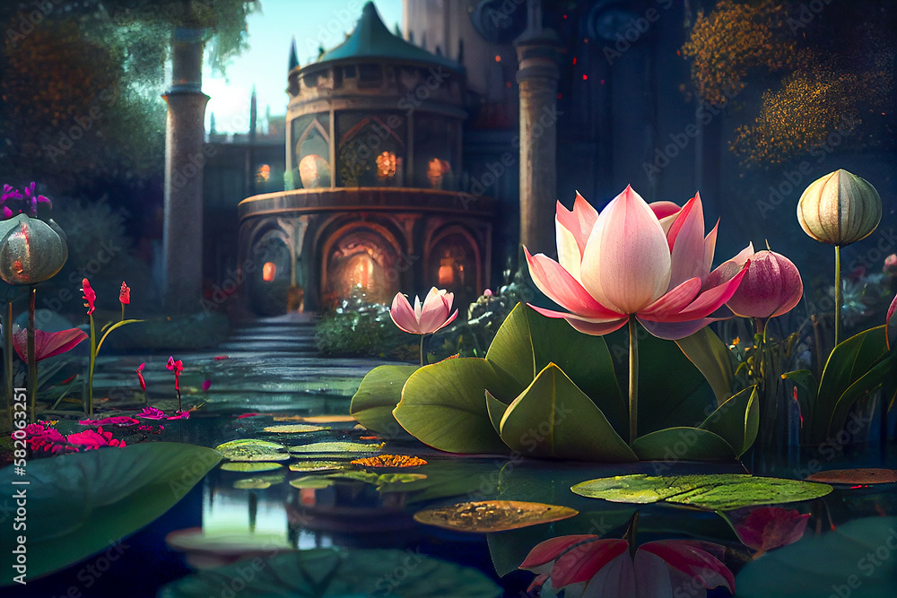 Beautiful lotus flowers in tropical garden with pond, generative ai ...