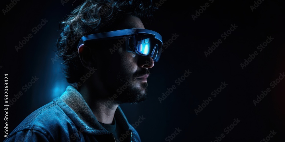 A person in a futuristic virtual reality headset, interacting with a virtual reality environment. Gen AI A person in a futuristic virtual reality headset, interacting with a virtual reality environment. Gen AI