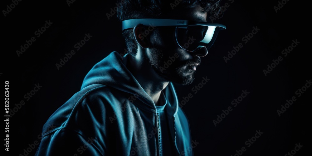A person in a futuristic virtual reality headset, interacting with a virtual reality environment. Gen AI