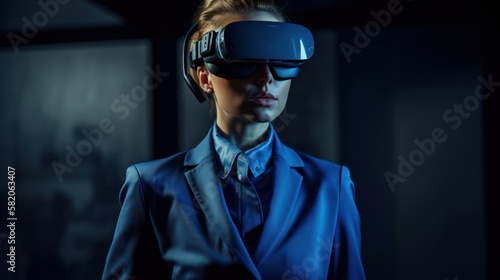 A person in a futuristic virtual reality headset, interacting with a virtual reality environment. 