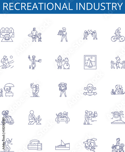 Recreational industry line icons signs set. Design collection of Hiking, Boating, Skiing, Fishing, Camping, Swimming, Surfing, Kayaking outline concept vector illustrations