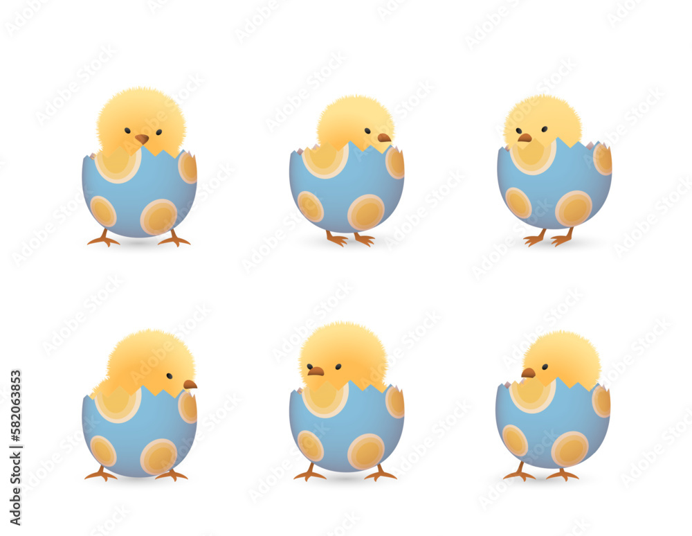 Chicks in lower part of broken Easter eggs with ovals set Chicks in lower part of broken Easter eggs with ovals set