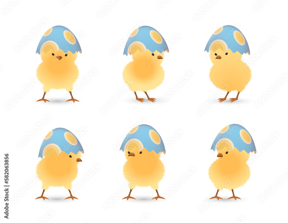 Chicks in upper part of broken Easter eggs with ovals set Chicks in upper part of broken Easter eggs with ovals set