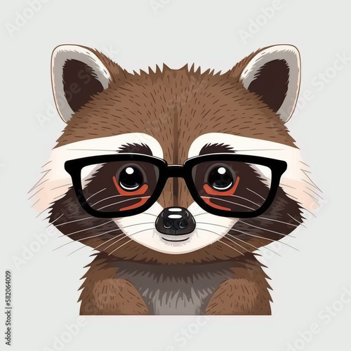 Art raccoon with glasses on a white background. The muzzle or face of a smart animal. Generative ai