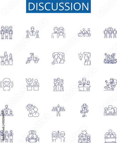 Discussion line icons signs set. Design collection of Debate, Dialogue, Disagreement, Talk, Communication, Arguing, Analysis, Exchange outline concept vector illustrations