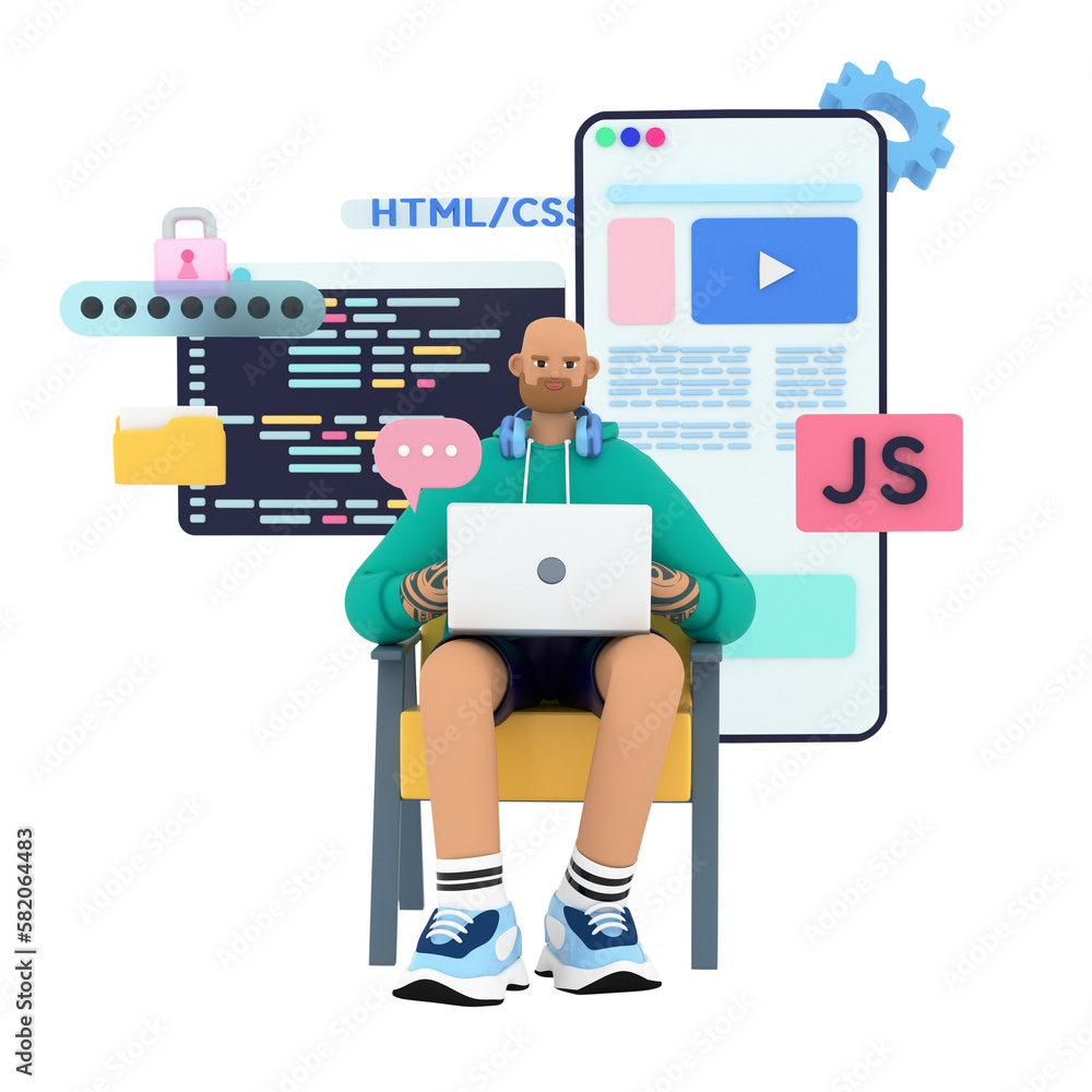 Programmer or coder working on computer. Beard handsome man programming on HTML, python, JavaScript on laptop. Front end, CMS, app or web development concepts. 3d rendering illustration. Programmer or coder working on computer. Beard handsome man programming on HTML, python, JavaScript on laptop. Front end, CMS, app or web development concepts. 3d rendering illustration.