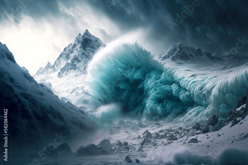 Fototapeta dangerous nature avalanche in afternoon in icy mountains, created with generativ