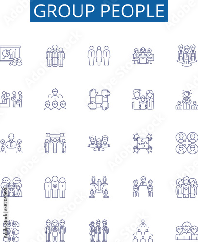 Group people line icons signs set. Design collection of Collective, Congregation, Assembly, Coadjutants, Aggregation, Horde, Swarm, Consortium outline concept vector illustrations photo