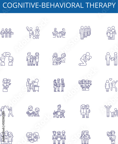 Cognitive-behavioral therapy line icons signs set. Design collection of Cognitive Behavioral, Therapy, CBT, Thinking, Thoughts, Feelings, Behaviors, Cognitive outline concept vector illustrations