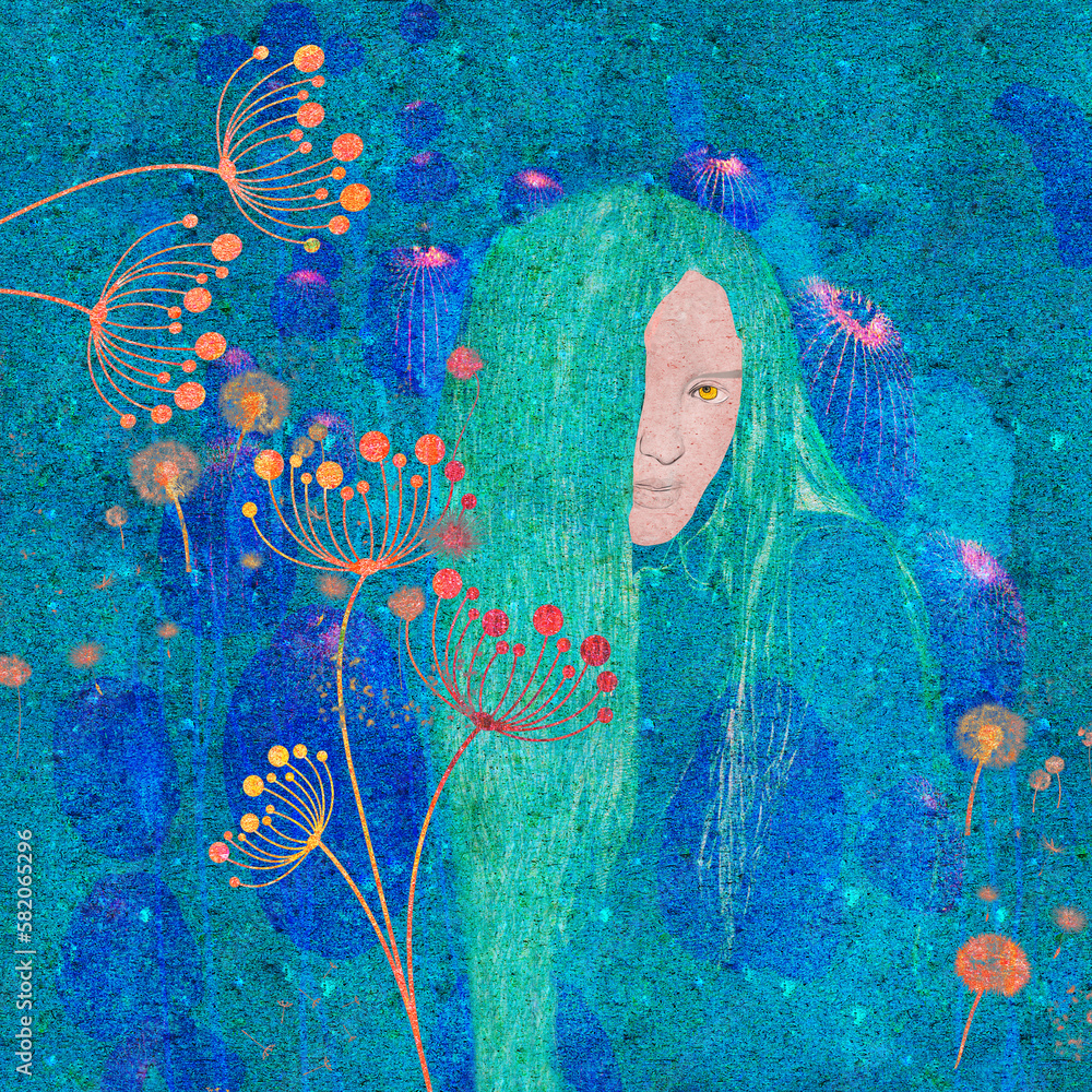 Ilustracja grafika portret młoda kobieta z gniewnym spojrzeniem abstrakcja w niebieskich kolorach kwiaty. - obrazy, fototapety, plakaty 