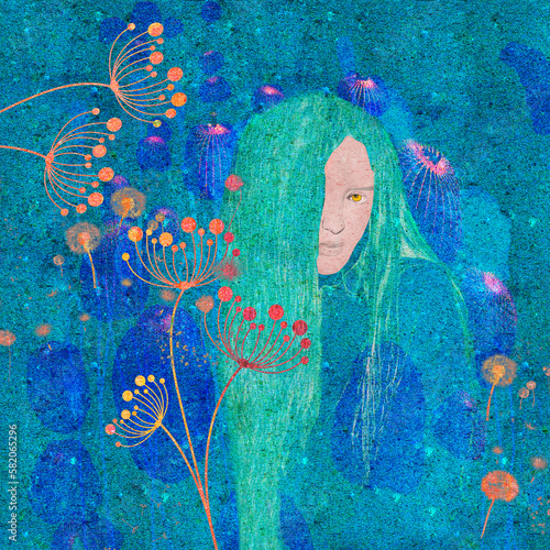 Ilustracja grafika portret młoda kobieta z gniewnym spojrzeniem abstrakcja w niebieskich kolorach kwiaty.