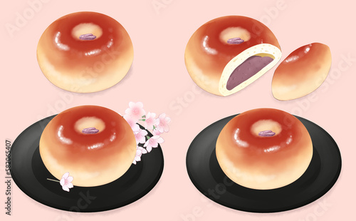 イラスト素材 春の桜あんパン4種セット  ピンク背景 色違い・差分あり