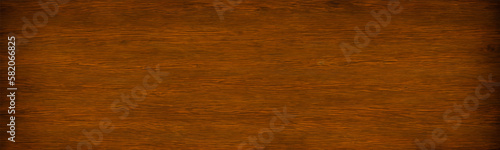 Aged wooden cutting board texture with dark brown pine surface and scratched panel detail. Wide grunge banner illustration with empty tabletop and wooden plank surface. Vector