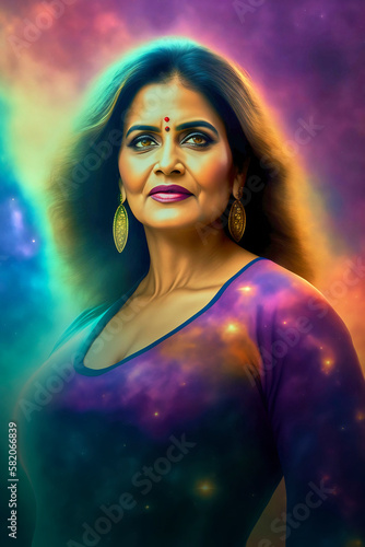 An adult Indian woman looks into the camera in a multi-colored spa space, her portrait surrounded by tranquility, made with generative ai