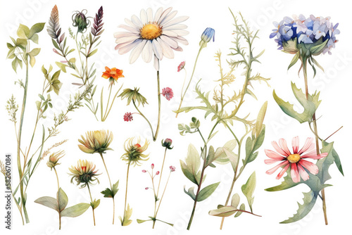 delicate watercolor beautiful meadow flowers on white background. generative ai 