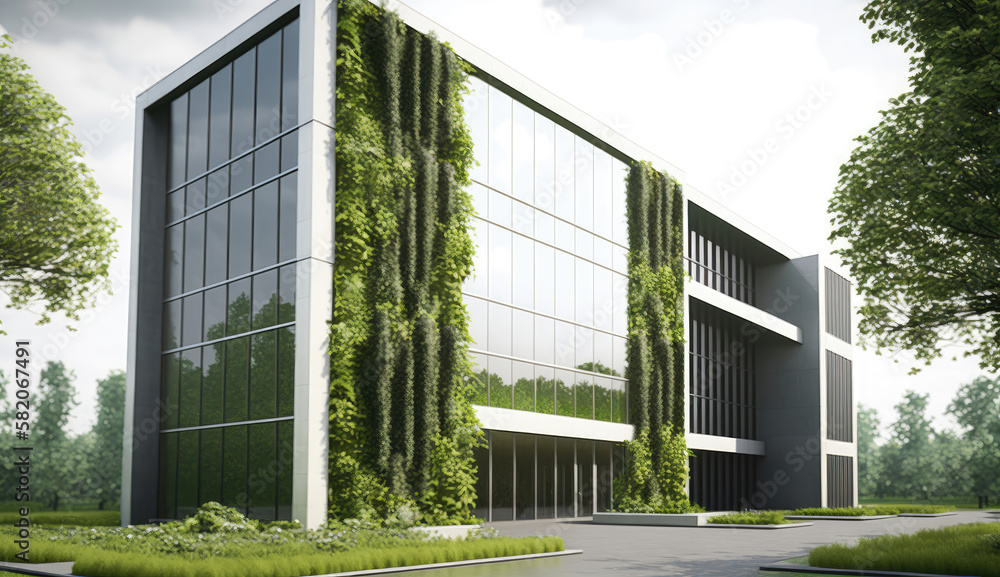 3D office building with lots of green plants. Generative AI 3D office building with lots of green plants. Generative AI