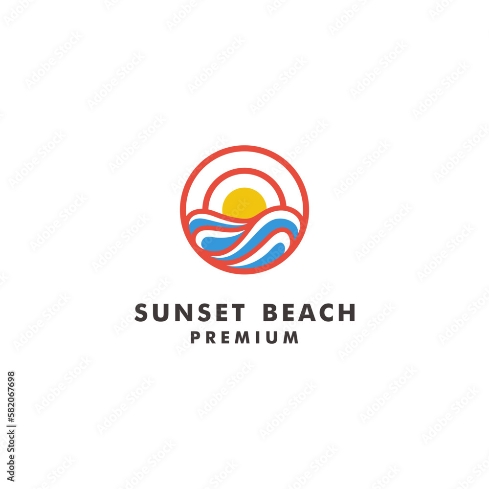 sunset on the beach logo design vector Illustration