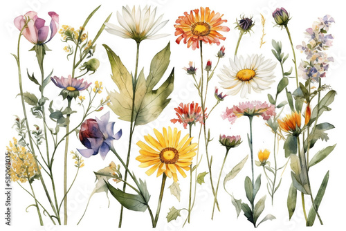 delicate watercolor beautiful meadow flowers on white background. generative ai  © pa-ka