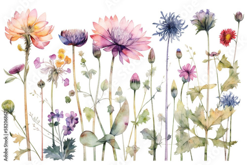 delicate watercolor beautiful meadow flowers on white background. generative ai