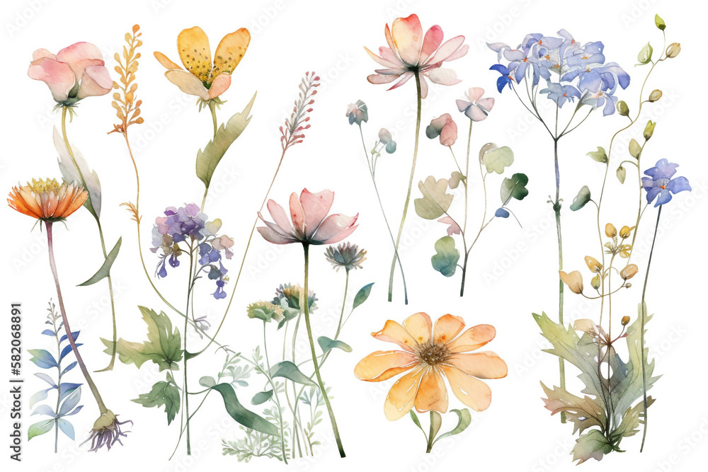 delicate watercolor beautiful meadow flowers on white background. generative ai delicate watercolor beautiful meadow flowers on white background. generative ai